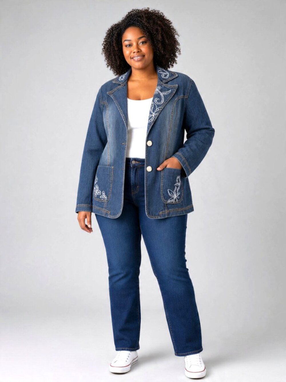 Ashley Stewart Embroidered Distressed Dark Denim Jean Jacket
